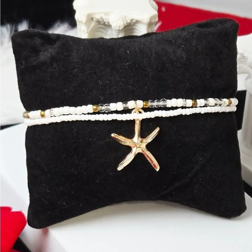 Starfish Beaded Anklet Stack Set 2pcs Gold Charm White Blue Bead Ankle Bracelet